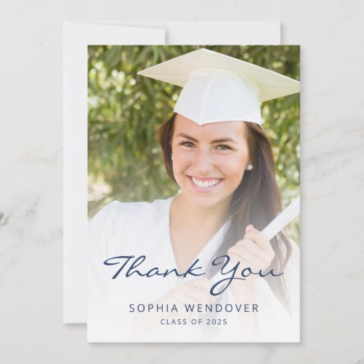 Carte De Remerciements Photo Classique moderne Marine 2025 Bleu blanc (Devant)