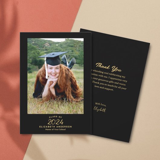 Carte De Remerciements Photo Classy Elegant Black Gold Script Graduation