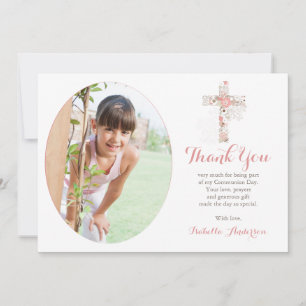Carte De Remerciements Photo Communion blanc Croix florale Fille