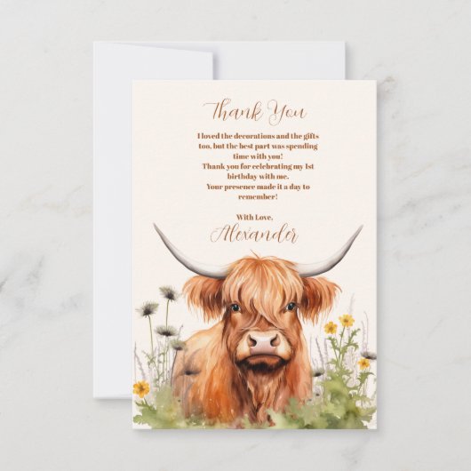 Carte De Remerciements Photo Cute Highland Cow 1er anniversaire (Devant)