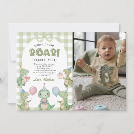 Carte De Remerciements Photo d'anniversaire 1 an Stomp Chomp Roar Dinosau (Devant)