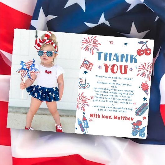 Carte De Remerciements Photo d'anniversaire 4 juillet Little Firecracker