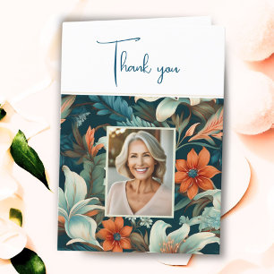 Carte De Remerciements Photo d'anniversaire à motif de fleurs élégant