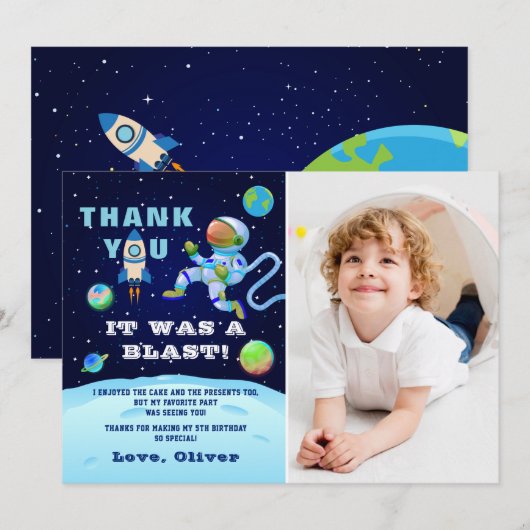 Carte De Remerciements Photo d'anniversaire Astronaute Bleu Espace (Devant / Derrière)