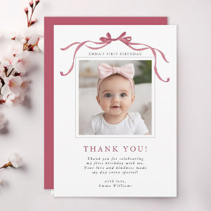 Carte De Remerciements Photo d'anniversaire avec un nœud rose Deep Blush