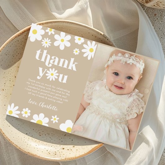 Carte De Remerciements Photo d'anniversaire Boho Retro Daisy
