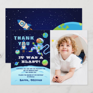 Carte De Remerciements Photo d'anniversaire d'astronaute bleu dans l'espa