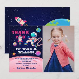 Carte De Remerciements Photo d'anniversaire d'astronaute rose dans l'espa