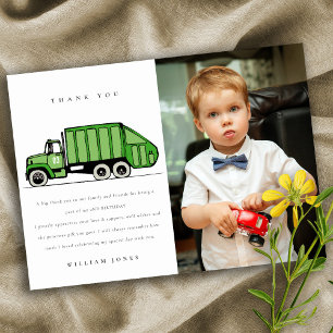 Carte De Remerciements Photo d'anniversaire de camion à ordures vert pour