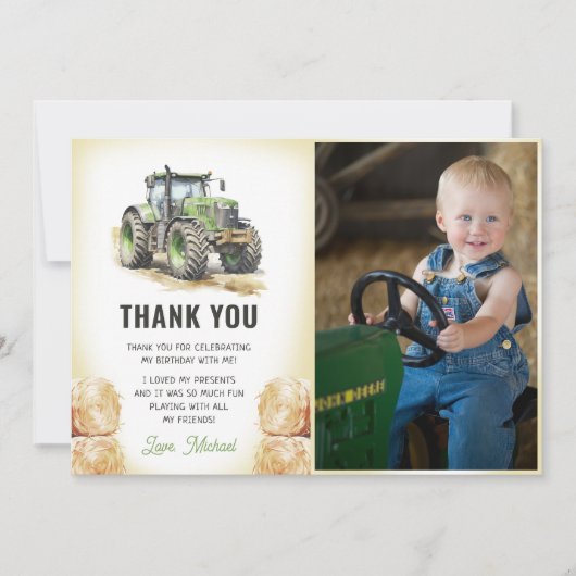 Carte De Remerciements Photo d'anniversaire de fête avec tracteur à l'aqu (Devant)