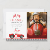 Carte De Remerciements Photo d'anniversaire de garçon de course rouge 1er (Devant)