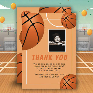 Carte De Remerciements Photo d'anniversaire de sports de balle de basket-