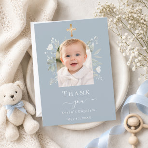 Carte De Remerciements Photo d'arche de baptême bleu poussiéreux floral b