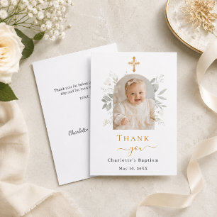 Carte De Remerciements Photo d'arche de baptême fille florale blanche