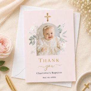 Carte De Remerciements Photo d'arche de baptême rose poudré floral blanc