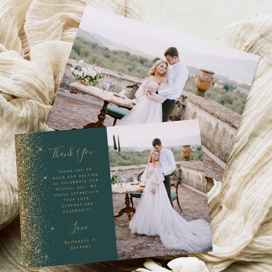 Carte De Remerciements Photo Dark Green Gold Glitter Script Wedding