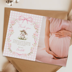 Carte De Remerciements Photo de Baby Shower Bunny Pink Bow Gingham