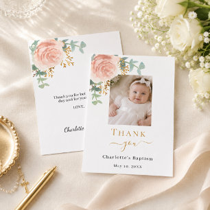 Carte De Remerciements Photo de baptême fille fleurs rose