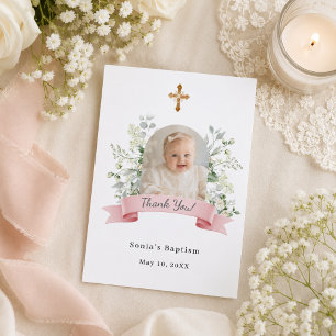 Carte De Remerciements Photo de baptême fleurs blanches roses fille