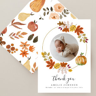 Carte De Remerciements Photo de bébé automne botanique pour annonce de na