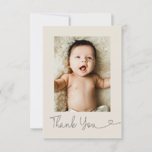Carte De Remerciements Photo de bébé Moderne Cœur Baby shower beige