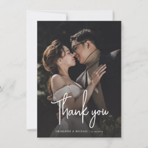Carte De Remerciements Photo de couple le jour du mariage en écriture mod