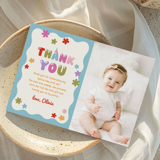 Carte De Remerciements Photo de fête d'anniversaire colorée avec des fleu