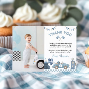Carte De Remerciements Photo de fête d'anniversaire de garçon avec voitur