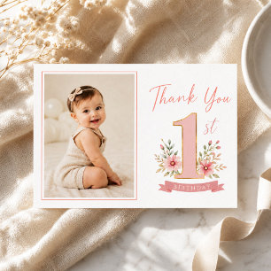 Carte De Remerciements Photo de fille aux fleurs rose poussiéreux pour 1e