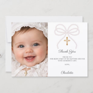 Carte De Remerciements Photo de fille aux perles avec un nœud rose pour b