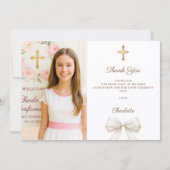 Carte De Remerciements Photo de fille avec un nœud ivoire Première commun (Devant)
