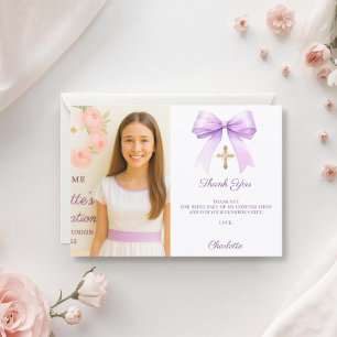 Carte De Remerciements Photo de fille avec un ruban lavande Confirmation