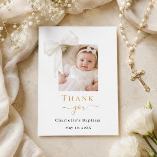 Carte De Remerciements Photo de fille blanche avec un nœud de baptême