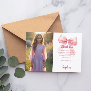 Carte De Remerciements Photo de fille d'anniversaire ruban rose blanc