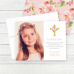 Carte De Remerciements Photo de fille de première communion à croix dorée