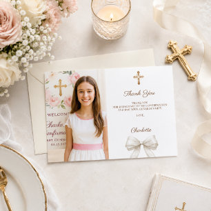 Carte De Remerciements Photo de fille ruban ivoire Confirmation