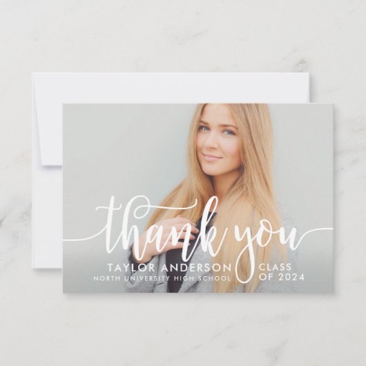 Carte De Remerciements Photo de Graduation de Script blanc moderne (Devant)