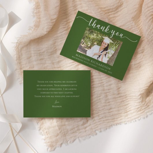 Carte De Remerciements Photo de graduation verte et blanche simple