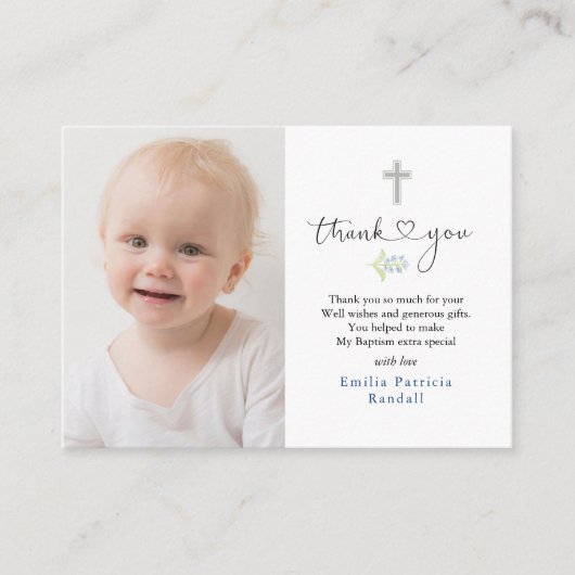 Carte de remerciements photo de la croix du baptêm (Devant)