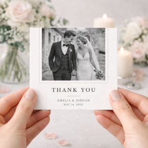 Carte De Remerciements Photo de mariage à la typographie élégante noir et