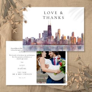 Carte De Remerciements Photo de mariage à l'aquarelle sur la skyline de C