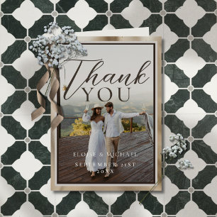 Carte De Remerciements Photo de mariage à motif botanique marron rustique