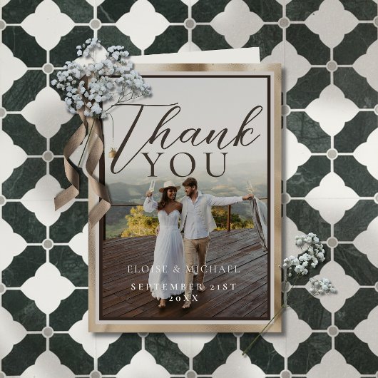 Carte De Remerciements Photo de mariage à motif botanique marron rustique