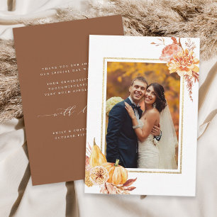 Carte De Remerciements Photo de mariage aquarelle florale Rustic Fall Gol