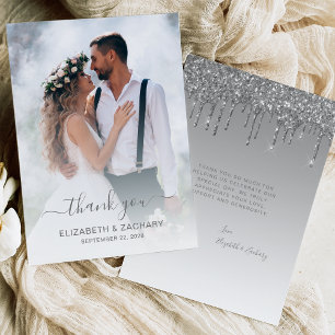 Carte De Remerciements Photo de mariage avec gouttes de paillettes argent