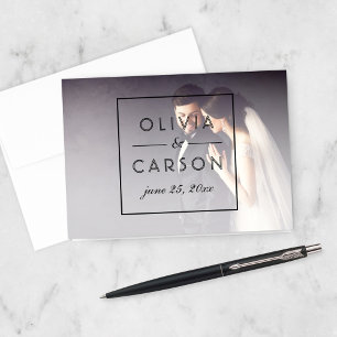 Carte De Remerciements Photo de mariage avec monogramme géométrique noir