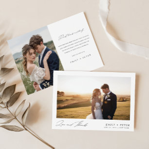 Carte De Remerciements Photo de mariage avec script minimaliste budgétair