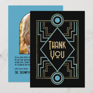 Carte De Remerciements Photo de mariage bleu et or Art Déco inspiré de Ga