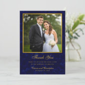 Carte De Remerciements Photo de mariage bleu marine et or (Debout devant)