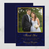 Carte De Remerciements Photo de mariage bleu marine et or (Devant / Derrière)